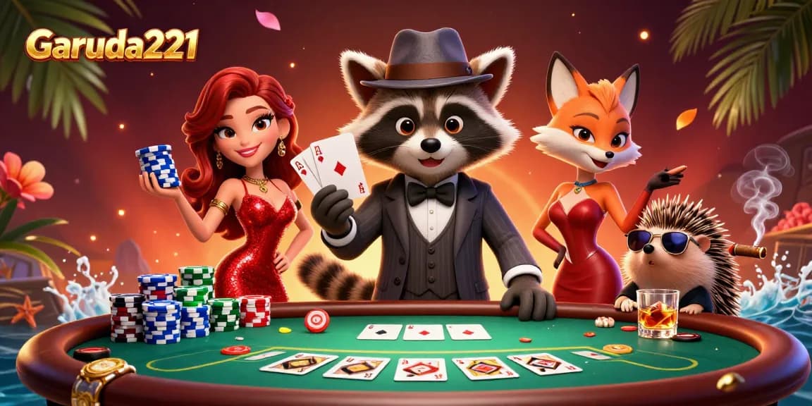 Experience high-stakes gaming action with Garuda221, showcasing vibrant poker characters and dynamic gameplay.