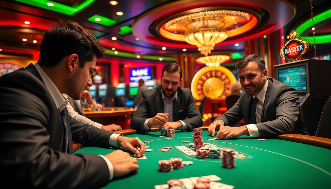 Experience the thrill of poker online with players at an exciting virtual table surrounded by vibrant casino elements.