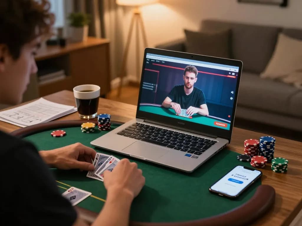 LGO99 player engaging in strategic online poker at home, with laptop, chips, and notes.