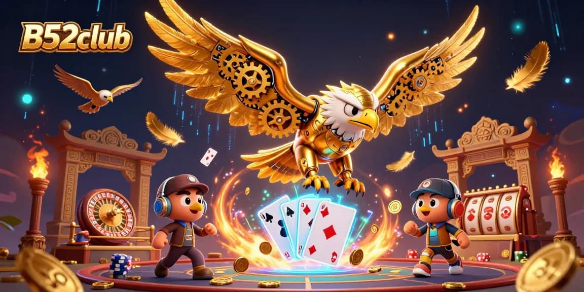 B52club showcases thrilling gambling action with a vibrant 3D illustration of a golden eagle amidst a casino backdrop.