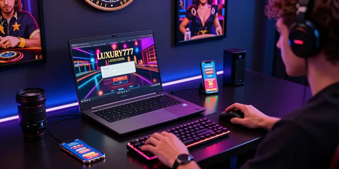 Proses LUXURY777 Login dalam suasana perjudian online mewah dengan aksesori gaming premium.