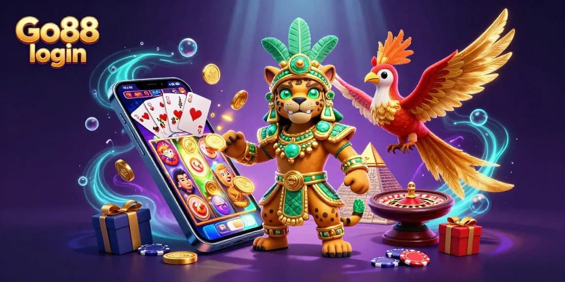 Play exciting slots and explore Go88 login with vibrant 3D illustration of casino elements and characters.