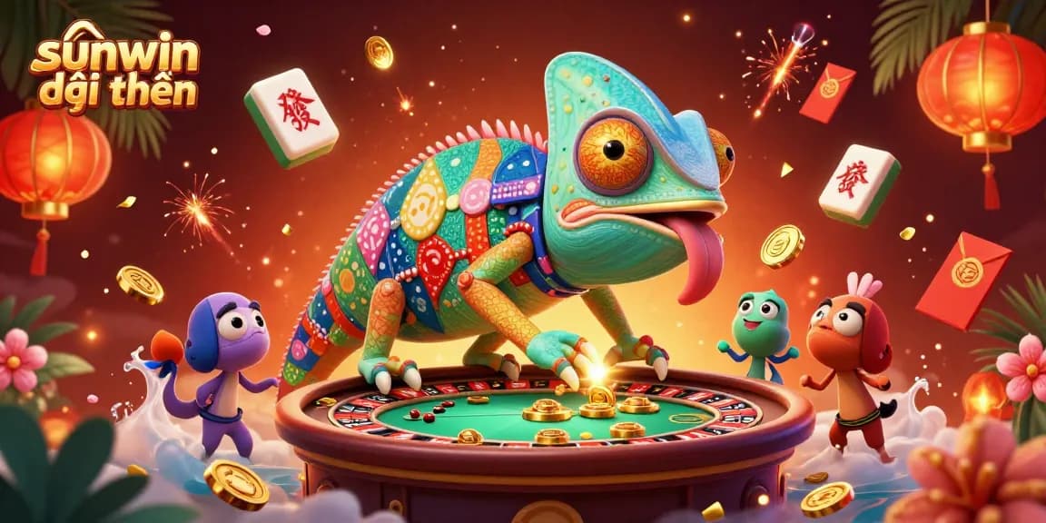 Experience the excitement of sunwin đổi thưởng with a vibrant 3D casino illustration showcasing a dynamic chameleon character.