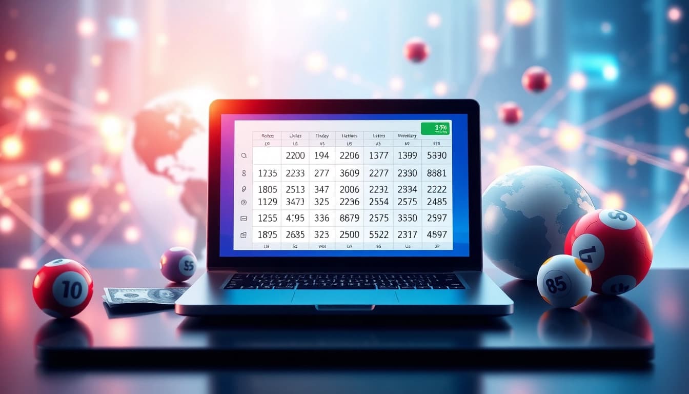 Menampilkan situs togel online dengan laptop dan nomor lotere yang mencolok.