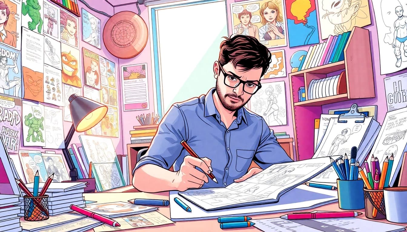 Menggambar komik westmanga dalam studio yang berwarna-warni dengan alat seni.