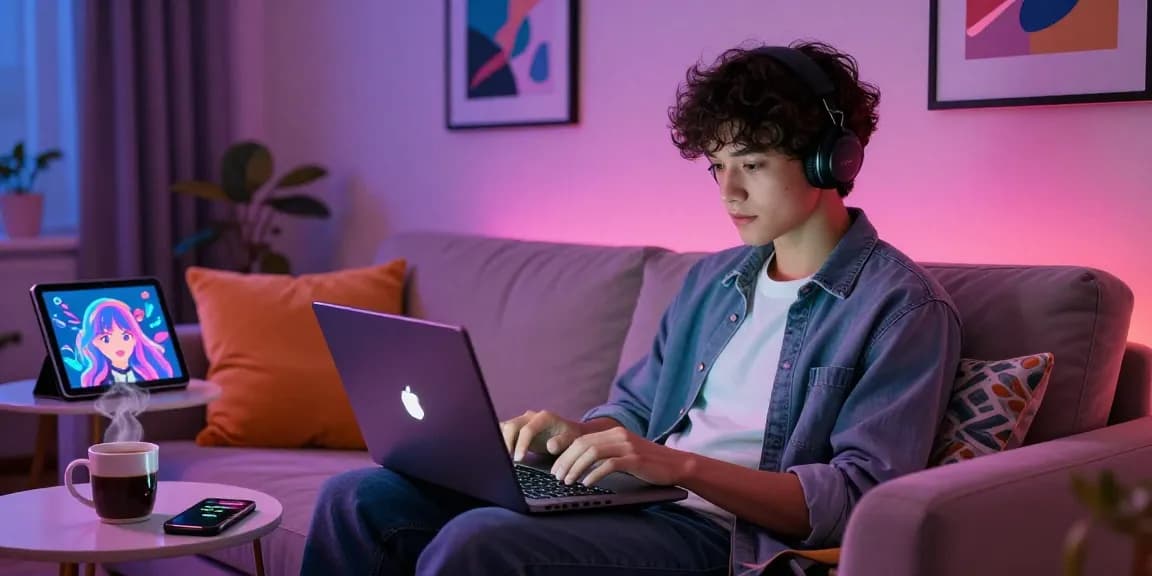 Engaging in NSFW AI chat on a sleek laptop in a vibrant, modern setting.