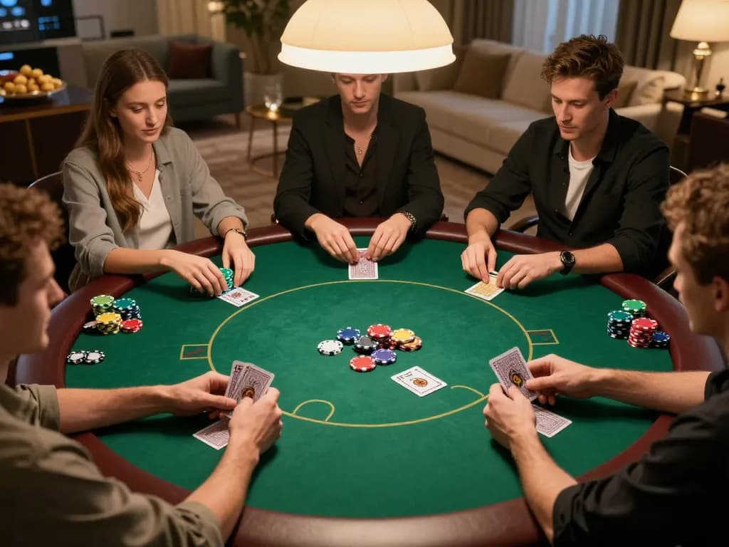 78 win players engaged in competitive poker at a luxury home game setup, showcasing lively strategy.
