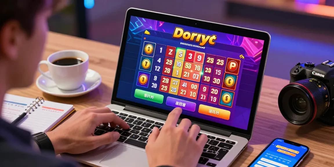 Pengguna aktif bermain situs togel online dengan perangkat digital, dikelilingi elemen visual menarik dan suasana ceria.