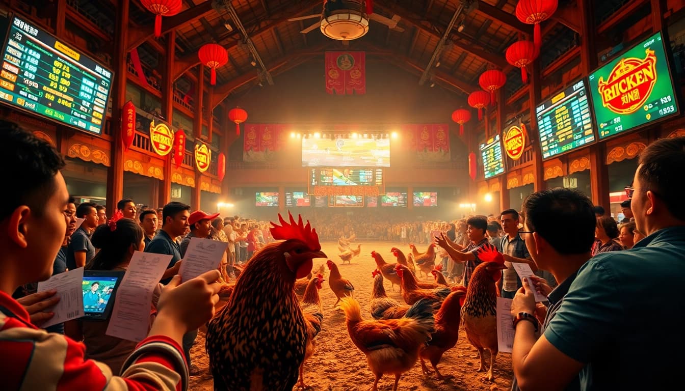 Exciting live action of đá gà trực tiếp with vibrant crowds and dynamic betting atmosphere.