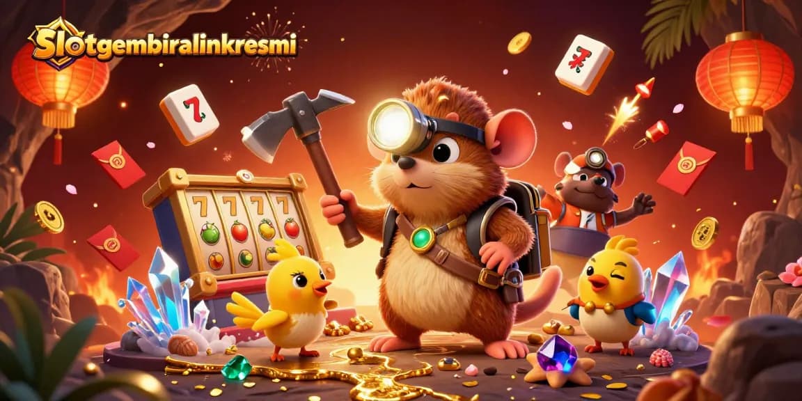 Gameplay menarik di slotgembiralinkresmi dengan simbol jackpot dan karakter lucu dalam suasana yang kaya