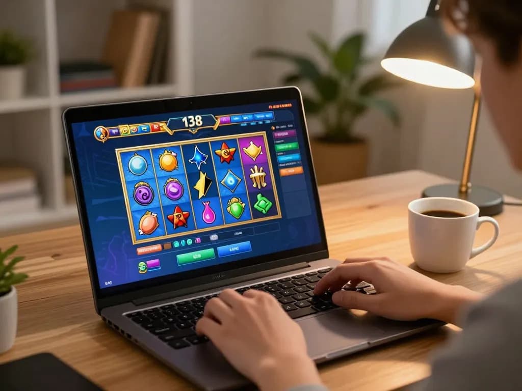 Playing the alfa138 slot online on a laptop in a cozy home setting.