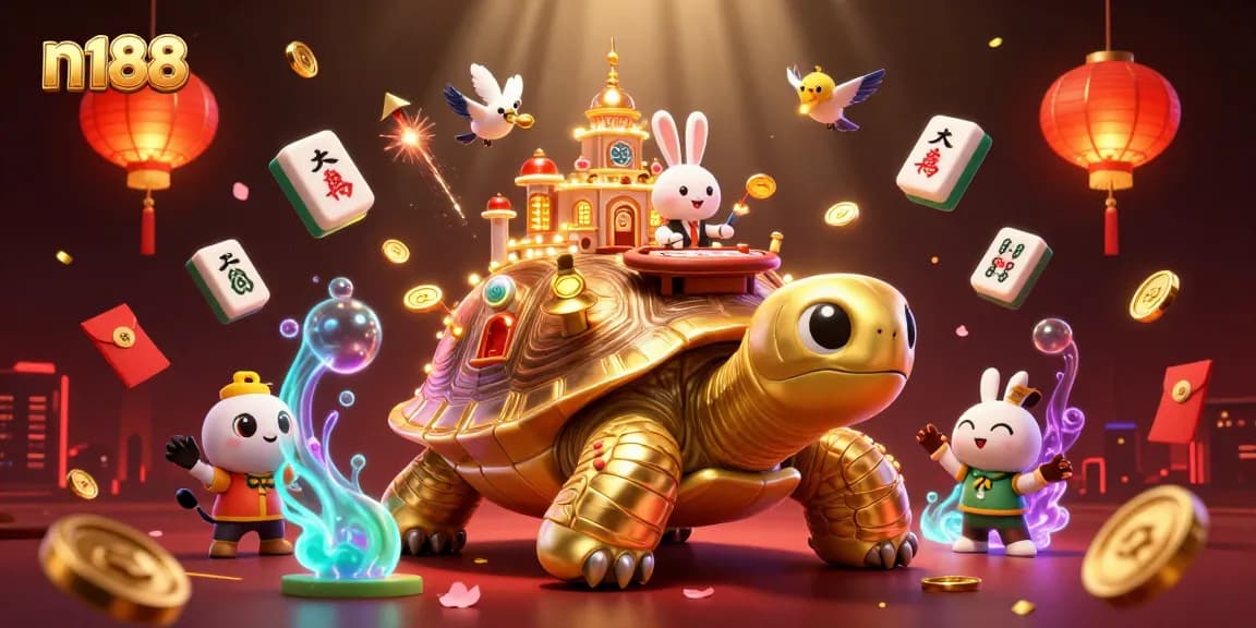 Experience exciting gaming at n188 with a colorful 3D casino scene featuring creatures and games.