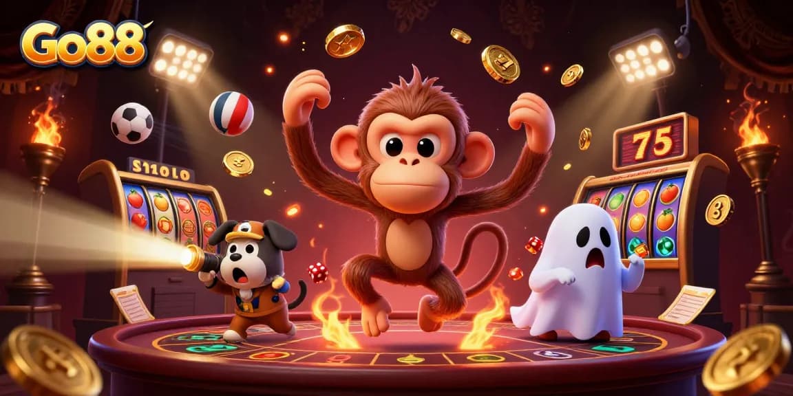 Go88 engages players with a dynamic 3D casino scene featuring exciting games and charming characters.