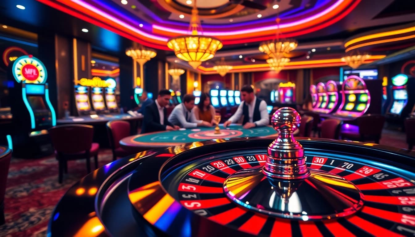 Pemain situs gacor di meja kasino yang ramai dengan roda roulette berputar