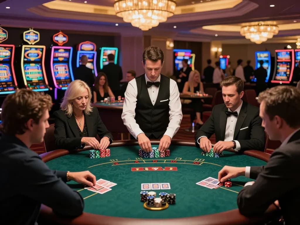 Players engaged in thrilling poker gameplay at QQSLOT casino table under warm ambient lighting.