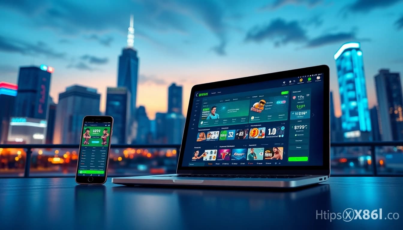 Experience https://xx88.lol/ – a modern online betting platform with immersive user interfaces on devices against a city skyline.