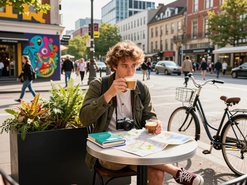 Traveler enjoying coffee in vibrant urban setting showcasing Fly88 brand spirit during exploration.
