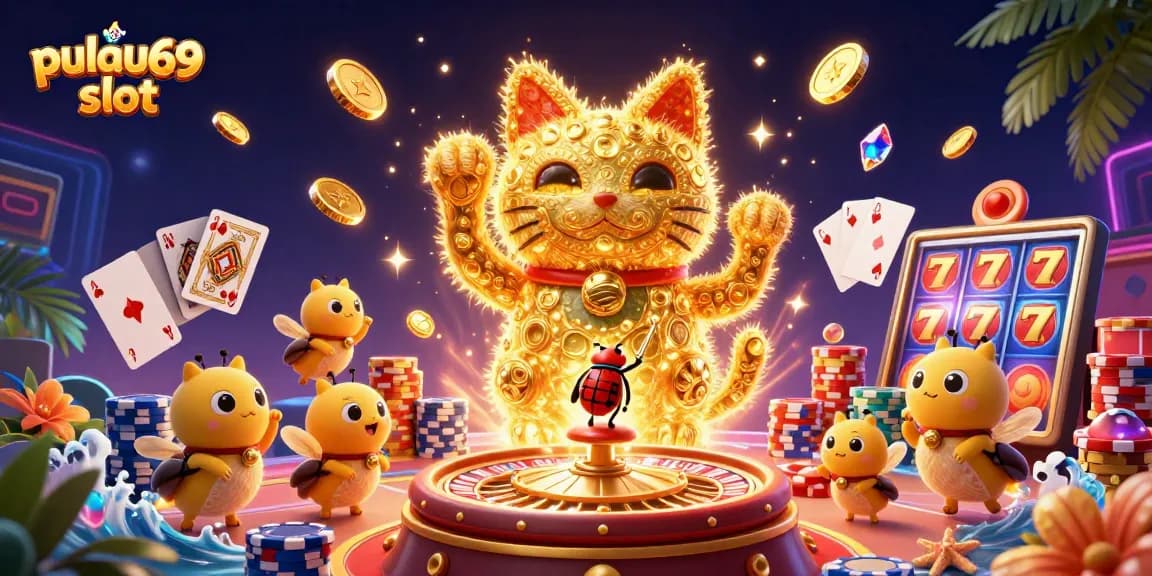 Engage with the pulau69 slot experience; colorful cascading coins and a lucky cat symbolizing luck and fun.