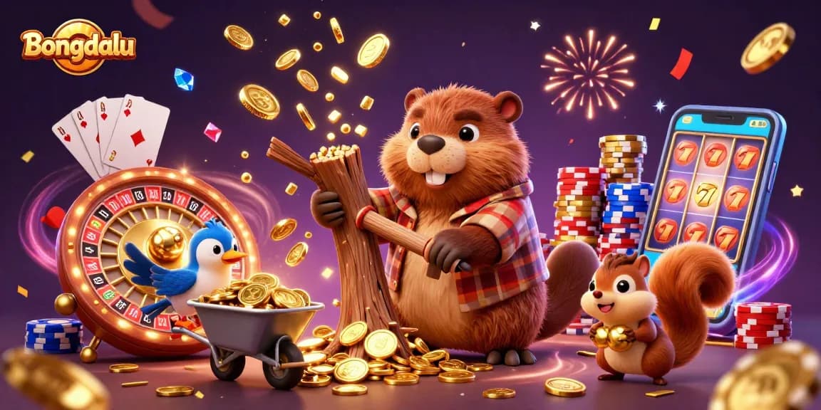 Bongdalu brings luck with a 3D beaver and friends amidst cascading coins, celebrating the thrill of gambling.
