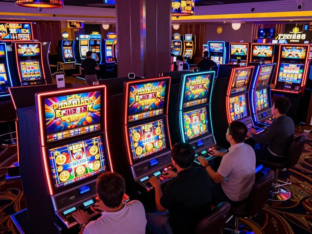 Engage with the slot zeus machine at an exciting casino, showcasing vibrant colors and players celebrating wins.