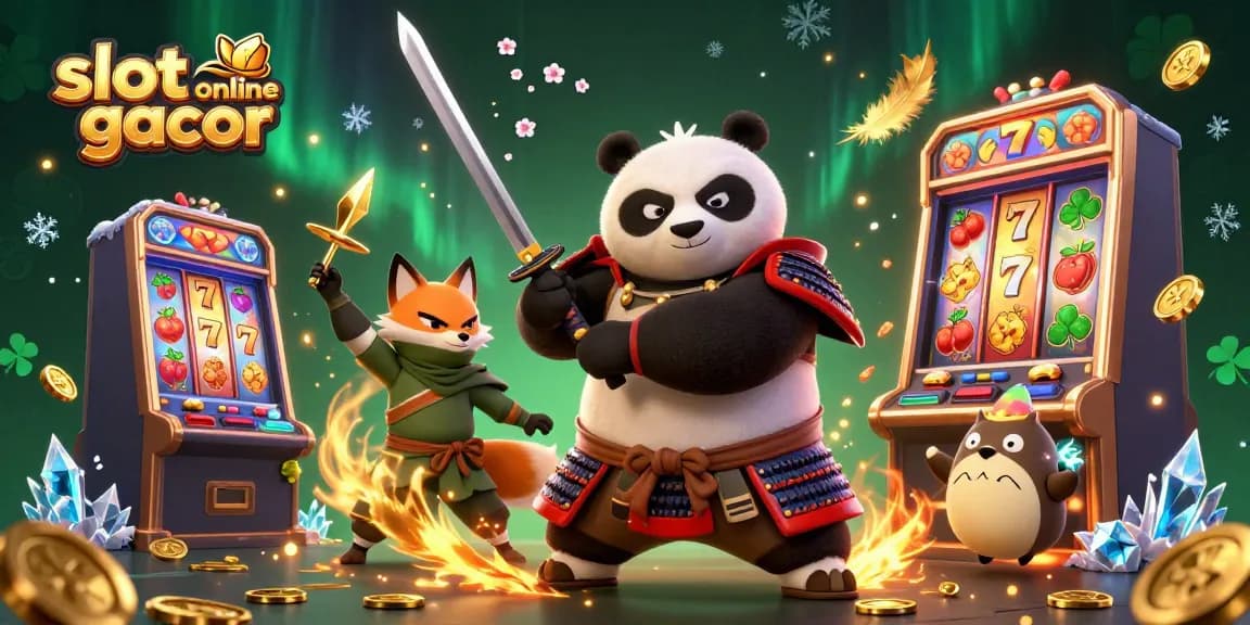 Putar slot online gacor dengan panda samurai dan rubah ninja dalam adegan penuh warna.