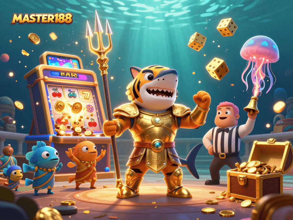 Join the excitement of MASTER188 with a vibrant 3D casino scene featuring a tiger shark champion.