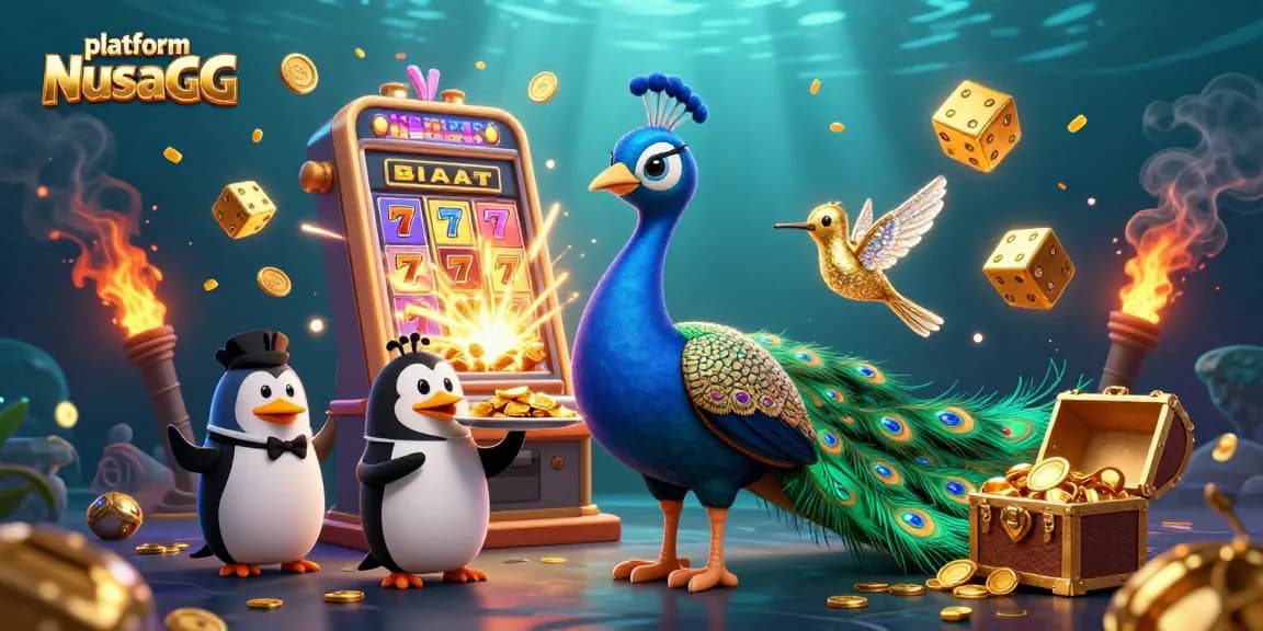 Experience the thrill of winning with platform NusaGG's dynamic casino scene featuring colorful characters and game elements.