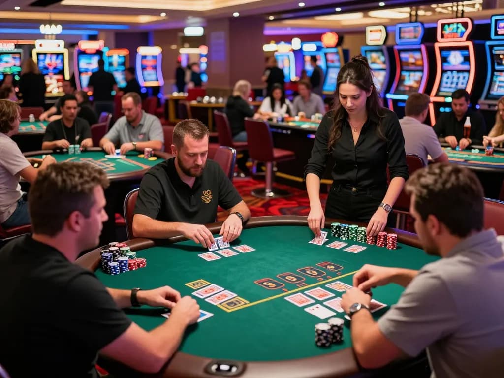 Players strategizing at blackjack tables in a lively casino, highlighting sunwin's gaming excitement.