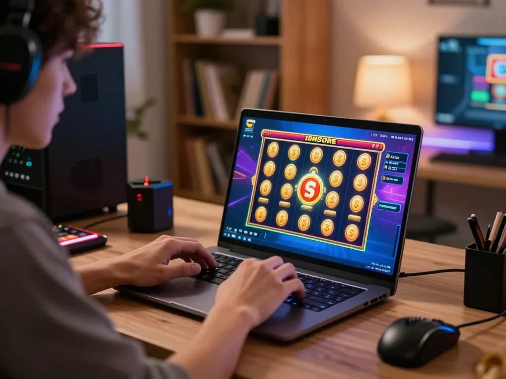 Engaging player enjoying online gaming at IDNSCORE with vibrant slot graphics on laptop.