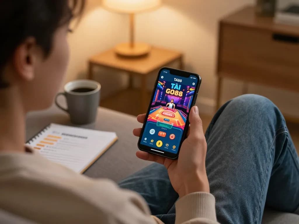 TẢI GO88 app displayed on smartphone, person gaming casually at home.