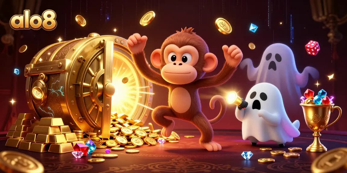 Experience excitement at alo8 with a jokester monkey and ghost-hunter puppy in a vibrant casino scene.
