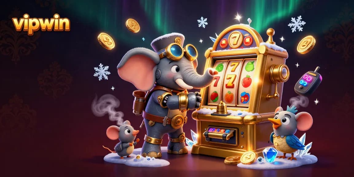 Win big with vipwin's colorful slot machine scene featuring a steampunk engineer and vibrant game elements.