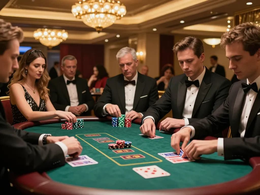 Aksi permainan intens di meja poker yang menunjukkan strategi alfa 138 di antara pemain dalam suasana kasino yang glamor.