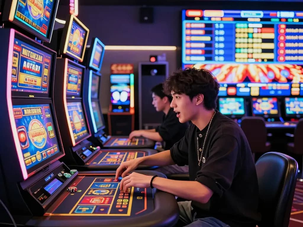 Engaging player at MM88 online casino table with vibrant slot machines and dynamic gaming atmosphere.