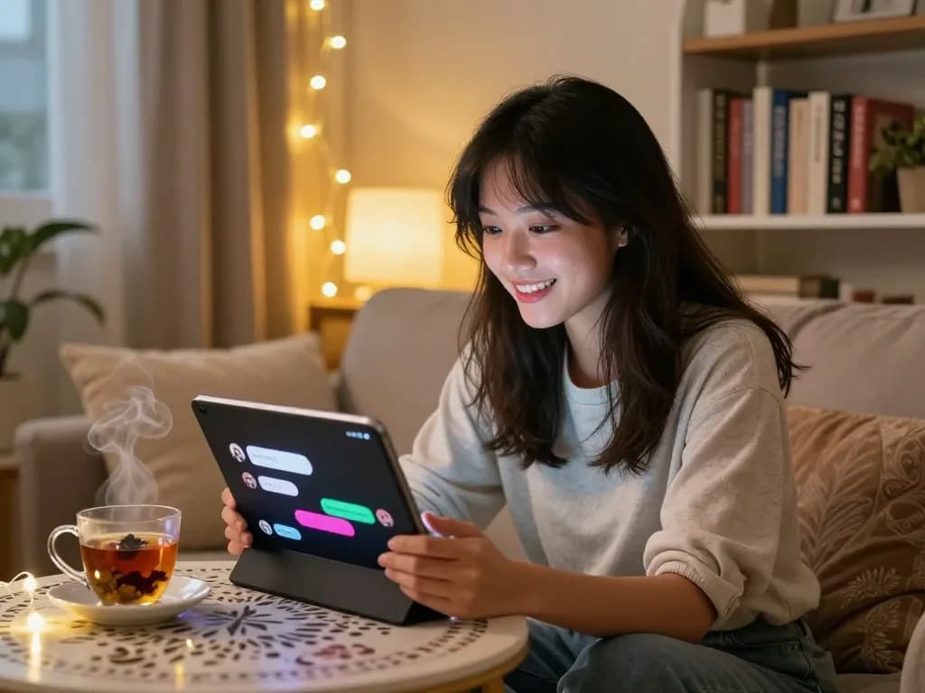 Engaging in playful ai sexting on a tablet in a cozy, inviting home setting.