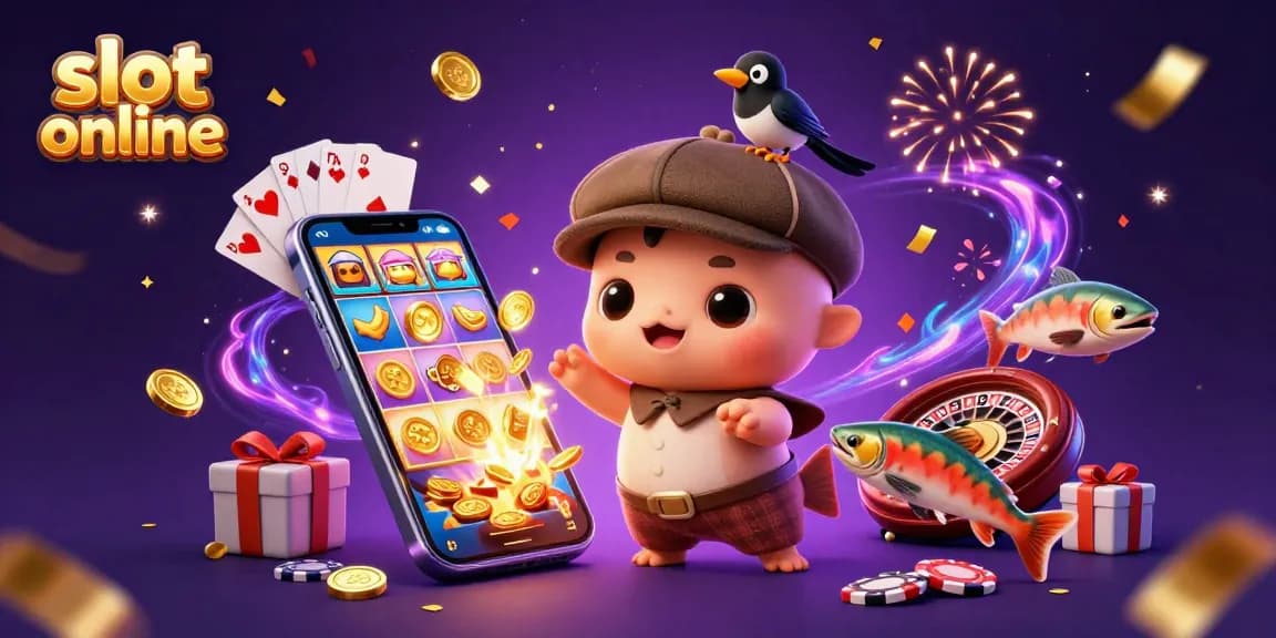 Mengalami keseruan slot online dengan karakter kartun lucu dalam ilustrasi 3D yang menampilkan koin emas dan permainan slot.