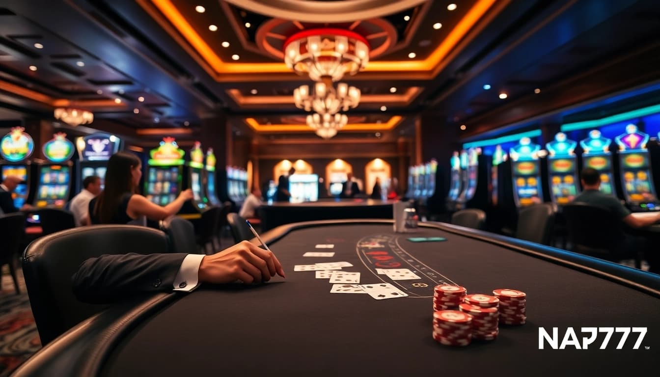 NA777 live dealer blackjack game with sophisticated ambiance and excited players.