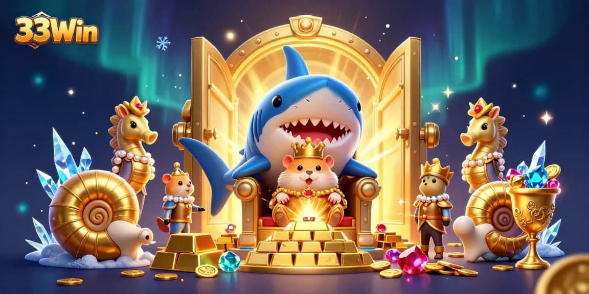 Experience the thrilling world of 33Win with a lavish digital scene featuring a golden hamster king and treasures.