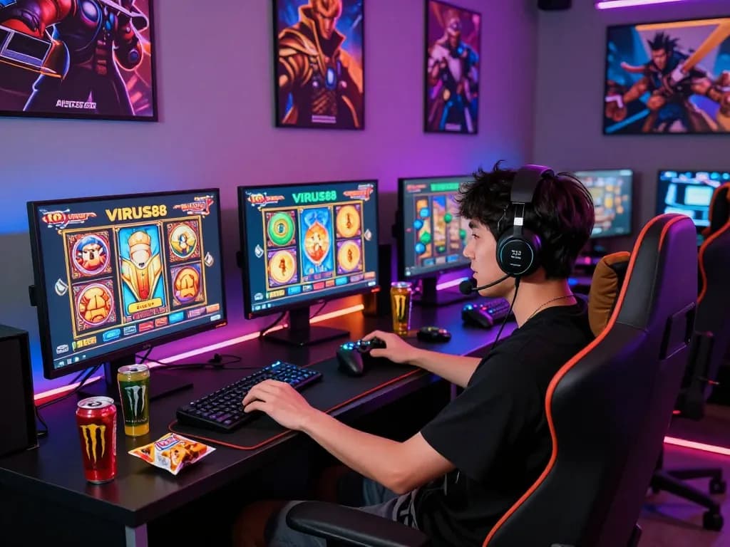 Pemain menikmati pengalaman bermain game VIRUS88 yang imersif dengan permainan slot yang penuh warna, pengaturan modern, dan suasana yang energik.