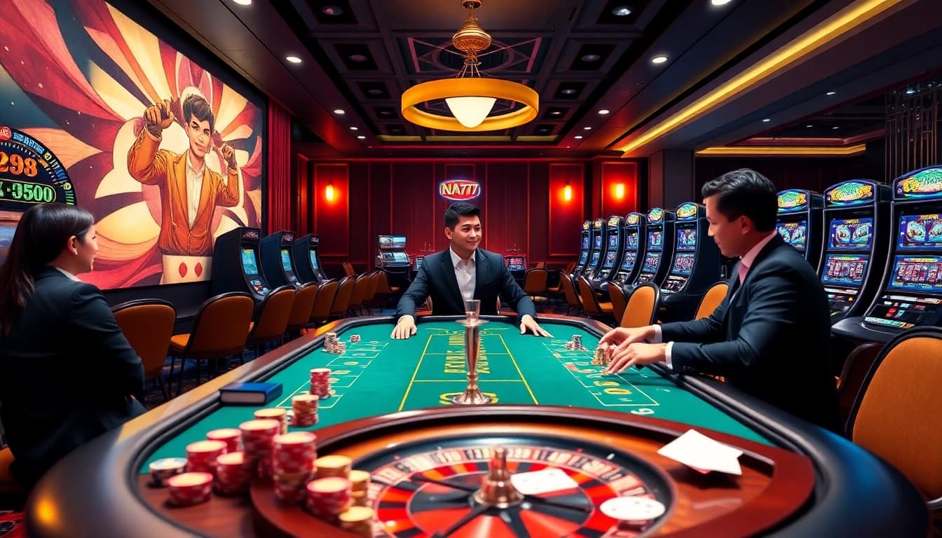 Players betting at NA777 casino table with professional dealer engaging and vibrant atmosphere.