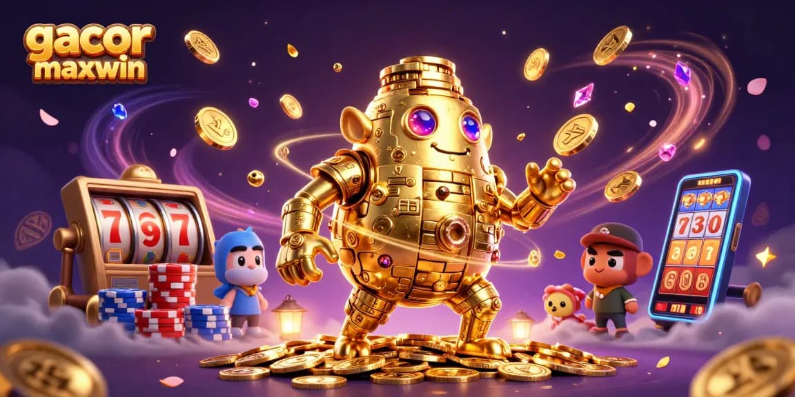 Experience gacor maxwin with a dynamic 3D scene showcasing a golden golem and slot elements.