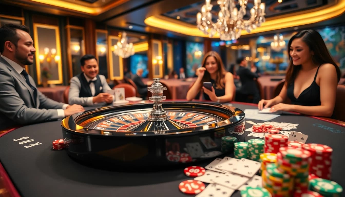 A vibrant casino scene with players engaged at the roulette table, reflecting the excitement of 789BET.