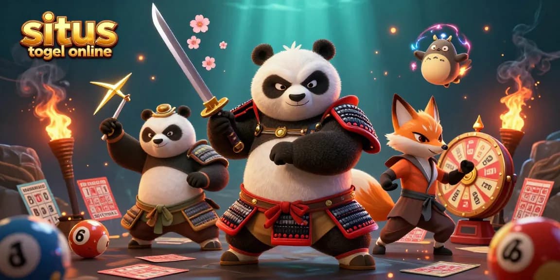 Menggoda pemain dengan situs togel online yang menampilkan karakter panda samurai dan rubah ninja dalam suasana yang menyejukkan.