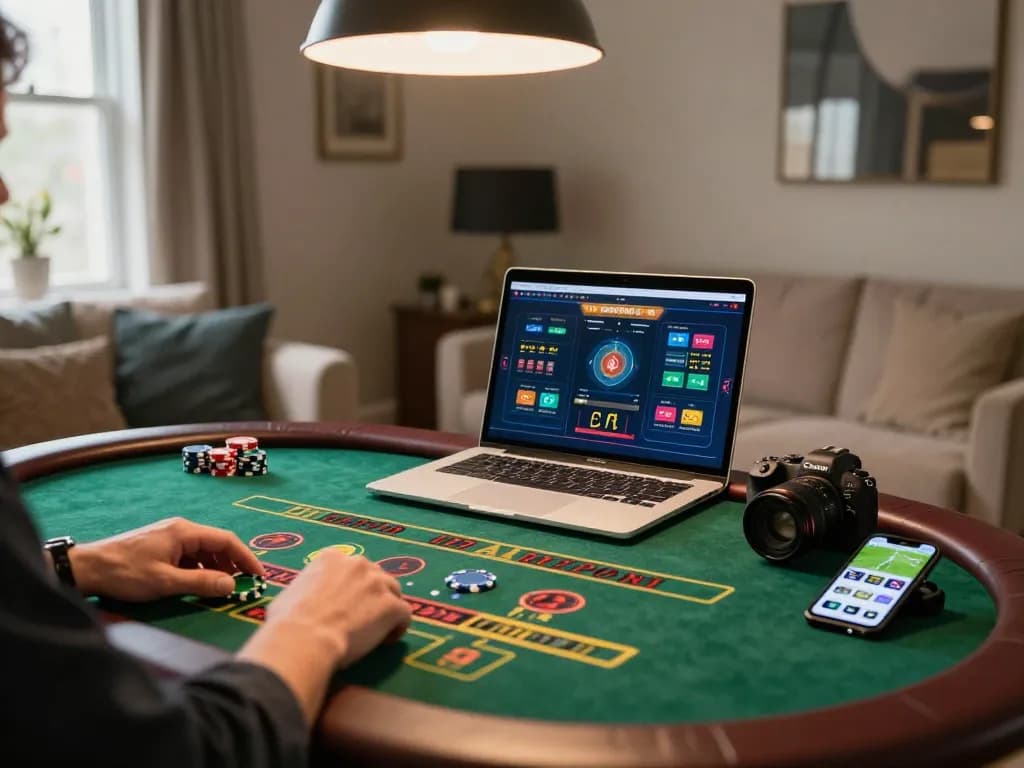 Engaged gambler using tg88 app on a laptop while enjoying live dealer game, cozy home atmosphere.