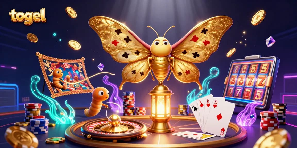 Bermain togel sambil dikelilingi oleh kupu-kupu kartun 3D yang megah dan elemen kasino yang berkilau.