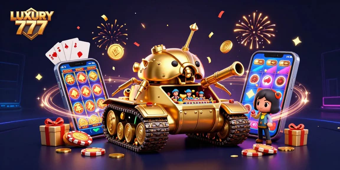 Permainan jackpot di LUXURY 777 dengan kasino mini dan koin emas yang berhamburan.