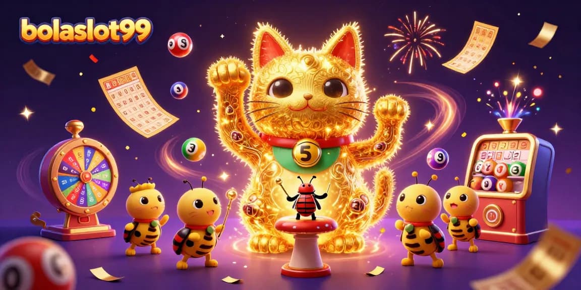 Engage with bolaslot99 through this vibrant illustration featuring a luck-bringing cat and lively casino elements.