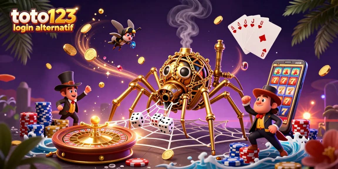 Experience winning odds in toto123 login alternatif, surrounded by golden coins and dynamic casino elements.