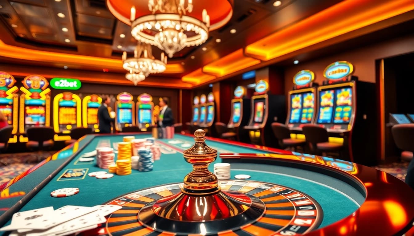 Players engaging at the E2bet casino table with vibrant poker chips and slot machines.