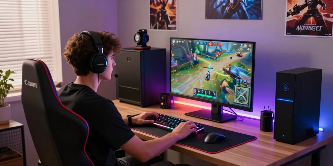 Rubahtoto - Pengguna gaming di rumah dengan setup modern dan aksesori canggih.